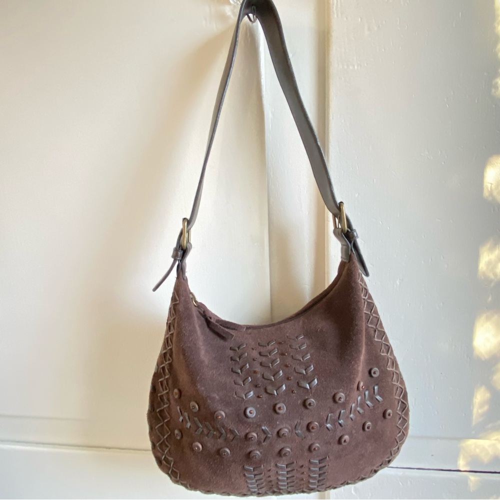 Y2K Styling Bisou Bisou Chocolate Brown Leather Suede Hobo Bag with Studs